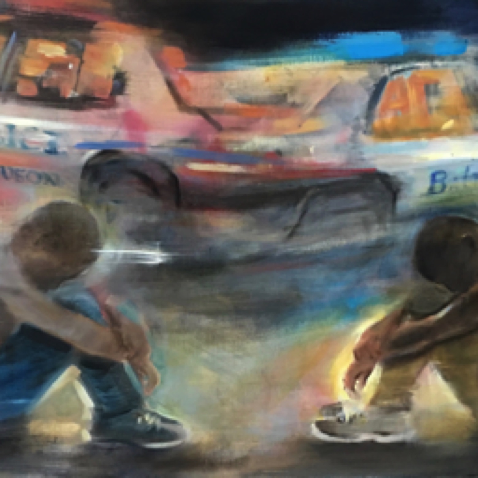 Gregg Chadwick
America's Sons: From Ferguson, to Baltimore, to Minneapolis
24"x48" oil on linen 2014-2021
On Exhibit in Facing Darkness, 18th Street Art Center 
In dialogue with Call and Echo is America’s Sons: From Ferguson, to Baltimore, to Minneapolis. Inspired by the poetry of Langston Hughes, the words and advocacy of Ta-Nehisi Coates, DeRay McKesson, Nikole Hannah-Jones, and Black Lives Matter — my painting turns a spotlight on the stories of young black men who face racial profiling, harassment and often death at the hands of police in the US.